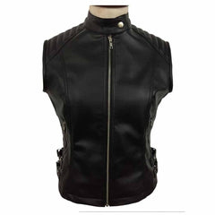 Chaleco de motociclista de cuero real de oveja negra para mujer W12