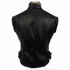 Chaleco de motociclista de cuero real de oveja negra para mujer W12