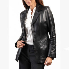 Chaqueta blazer de cuero genuino de piel de cordero real negra para mujer, corte ajustado
