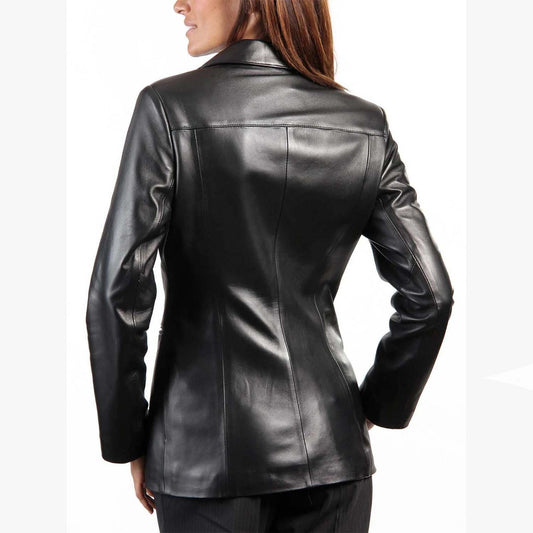 Chaqueta blazer de cuero genuino de piel de cordero real negra para mujer, corte ajustado