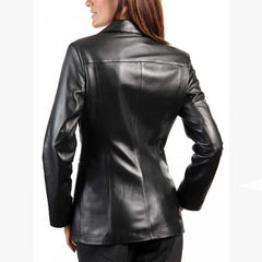 Chaqueta blazer de cuero genuino de piel de cordero real negra para mujer, corte ajustado
