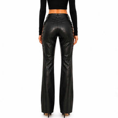 Women's Black Genuine Leather Lace-Up Flare Pants High Waist Goth Punk Streetwear Trousers