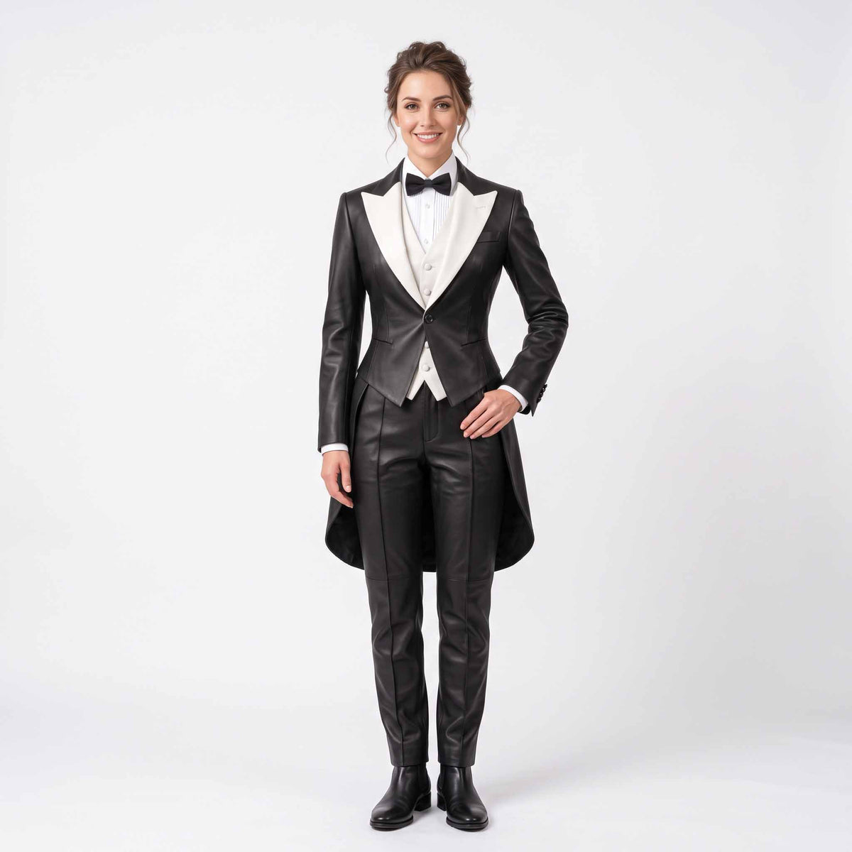 Full length front studio view of smiling woman wearing handmade black lambskin leather tailcoat suit with contrast white peak lapels, bow tie, and matching pants