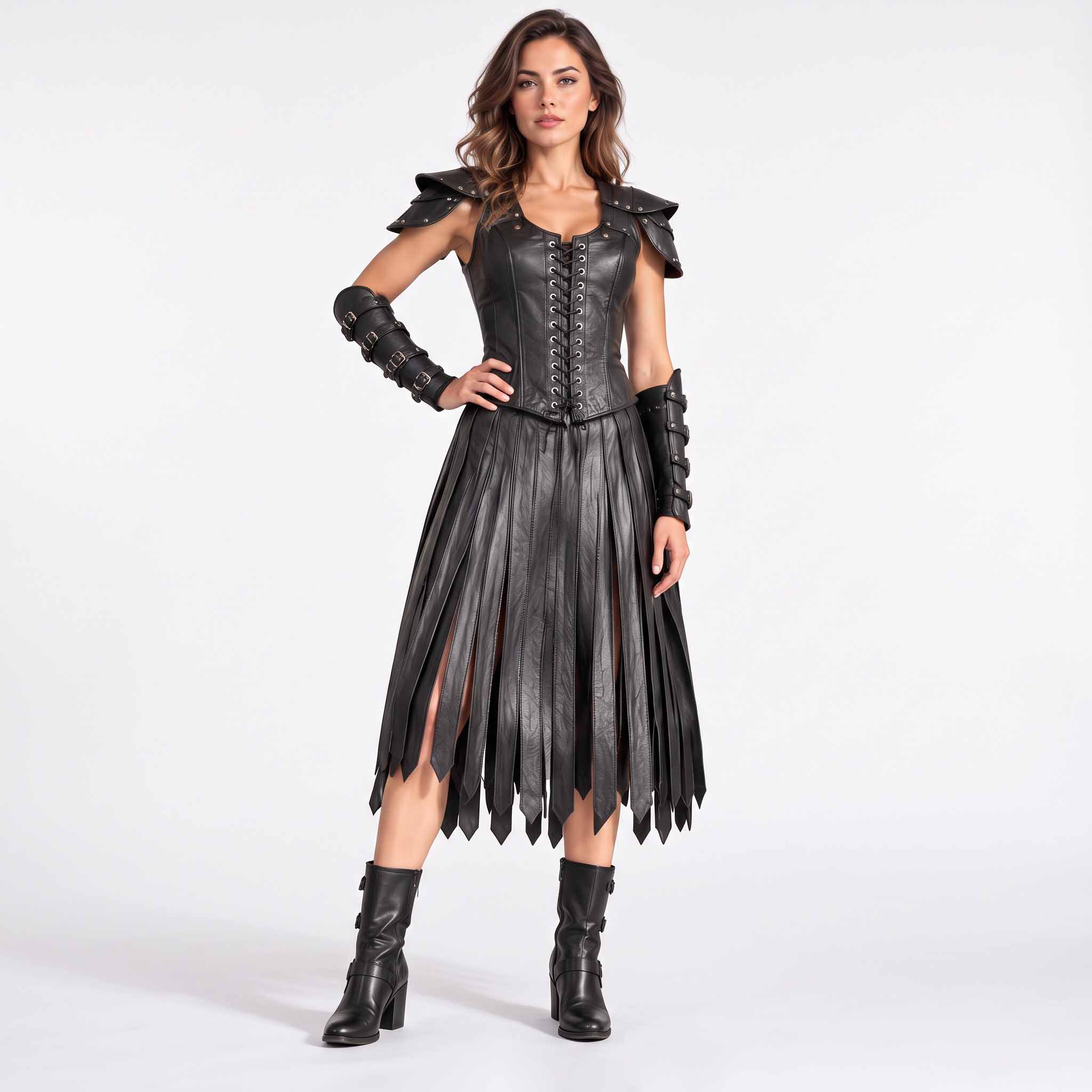 Full length front view of woman wearing handmade black leather armor corset with shoulder pauldrons, slit battle skirt, and bracers on white background