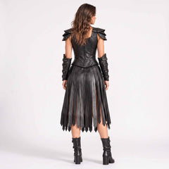 Back full length view of womens black genuine leather warrior corset showing rear zipper closure, studded pauldrons, and pointed leather fringe skirt