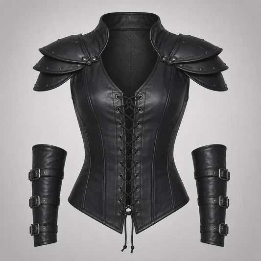 Front view of a women's black genuine leather armor corset featuring tiered studded shoulder pauldrons, lace-up front, and two matching triple-buckle forearm bracers.
