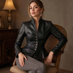 Woman seated gracefully on vintage wooden chair wearing black lambskin leather peplum blazer and statement drop earrings
