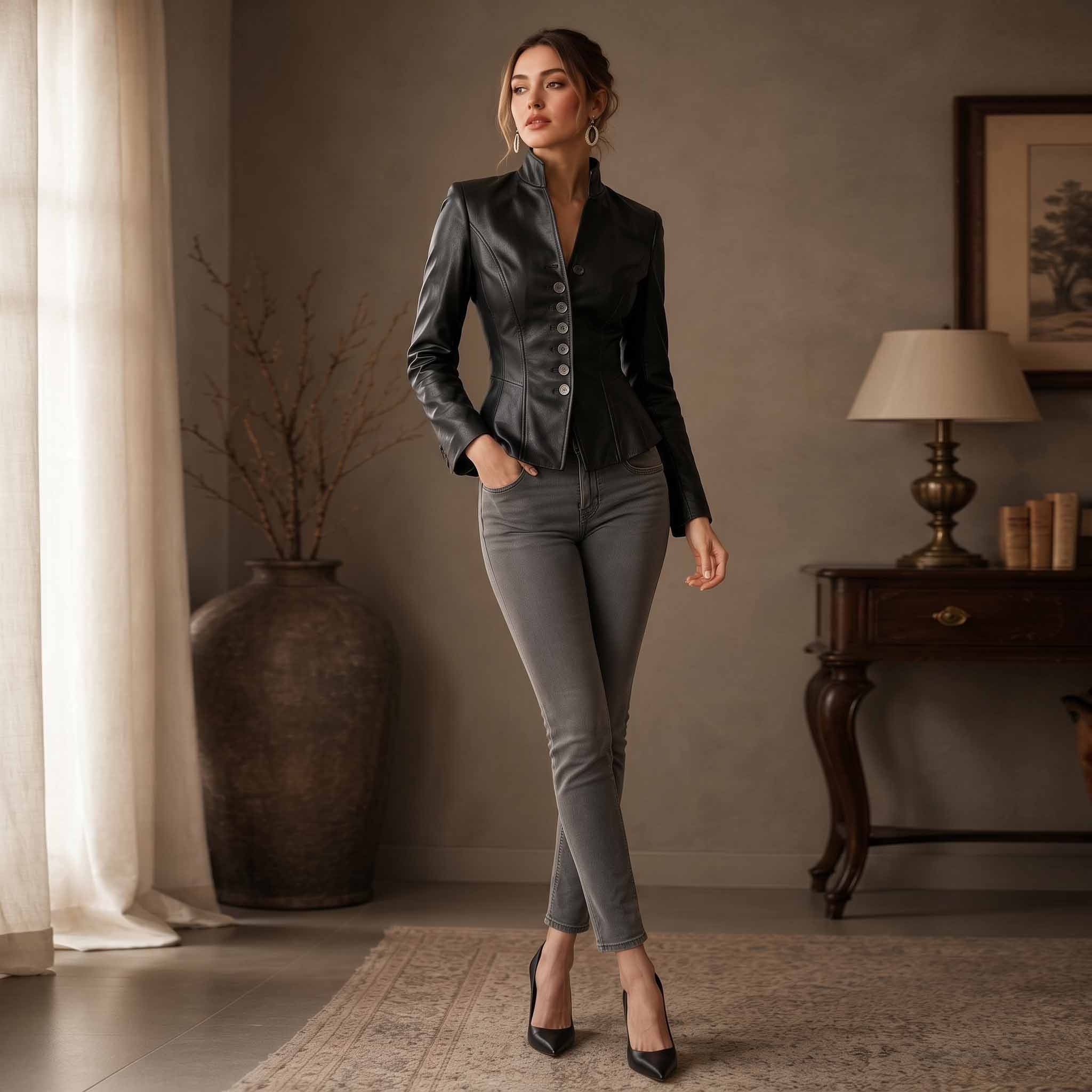 Full length lifestyle shot of elegant woman standing in high heels, grey trousers, and handmade black lambskin leather peplum blazer