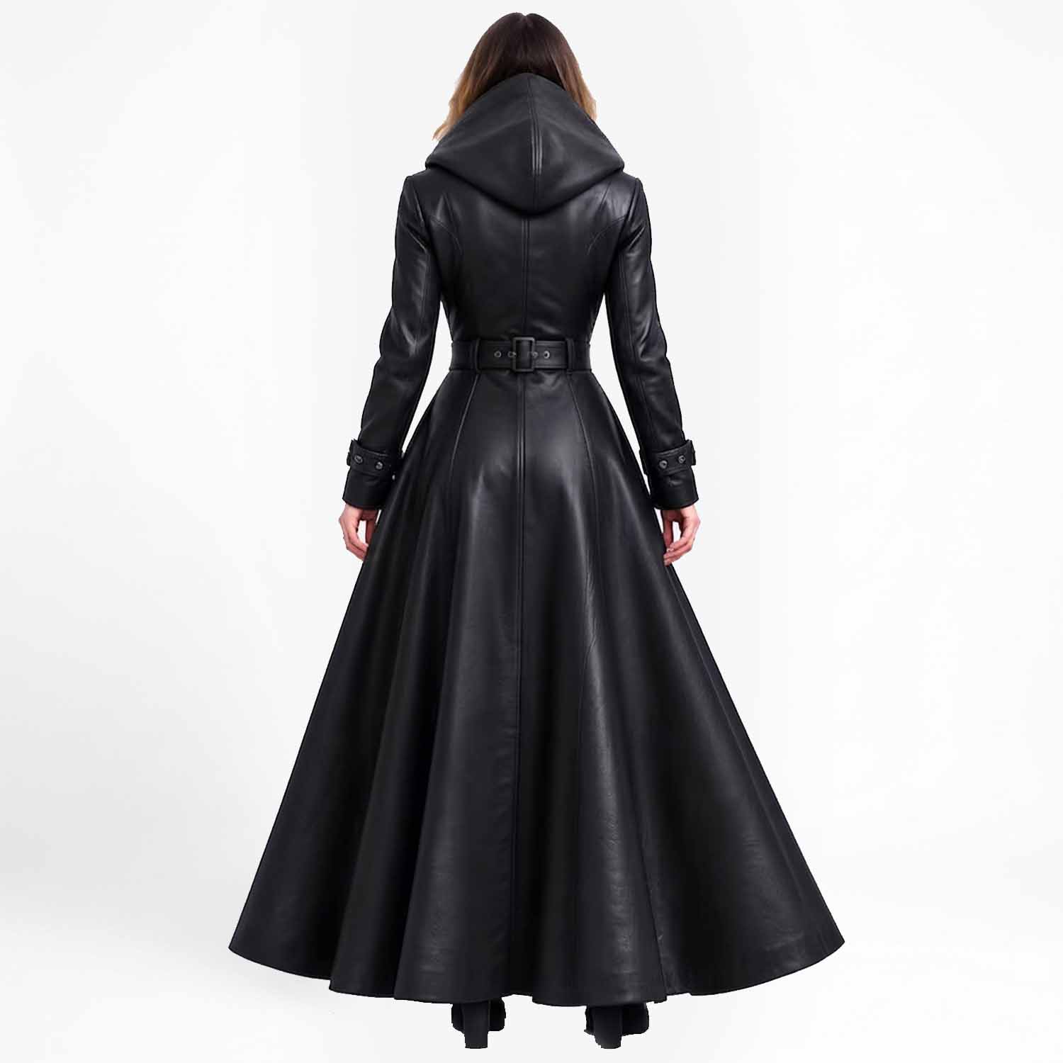 Rear view of a woman showcasing the large hood, structured paneled back seams, and dramatic floor-length drape of the black gothic leather coat.