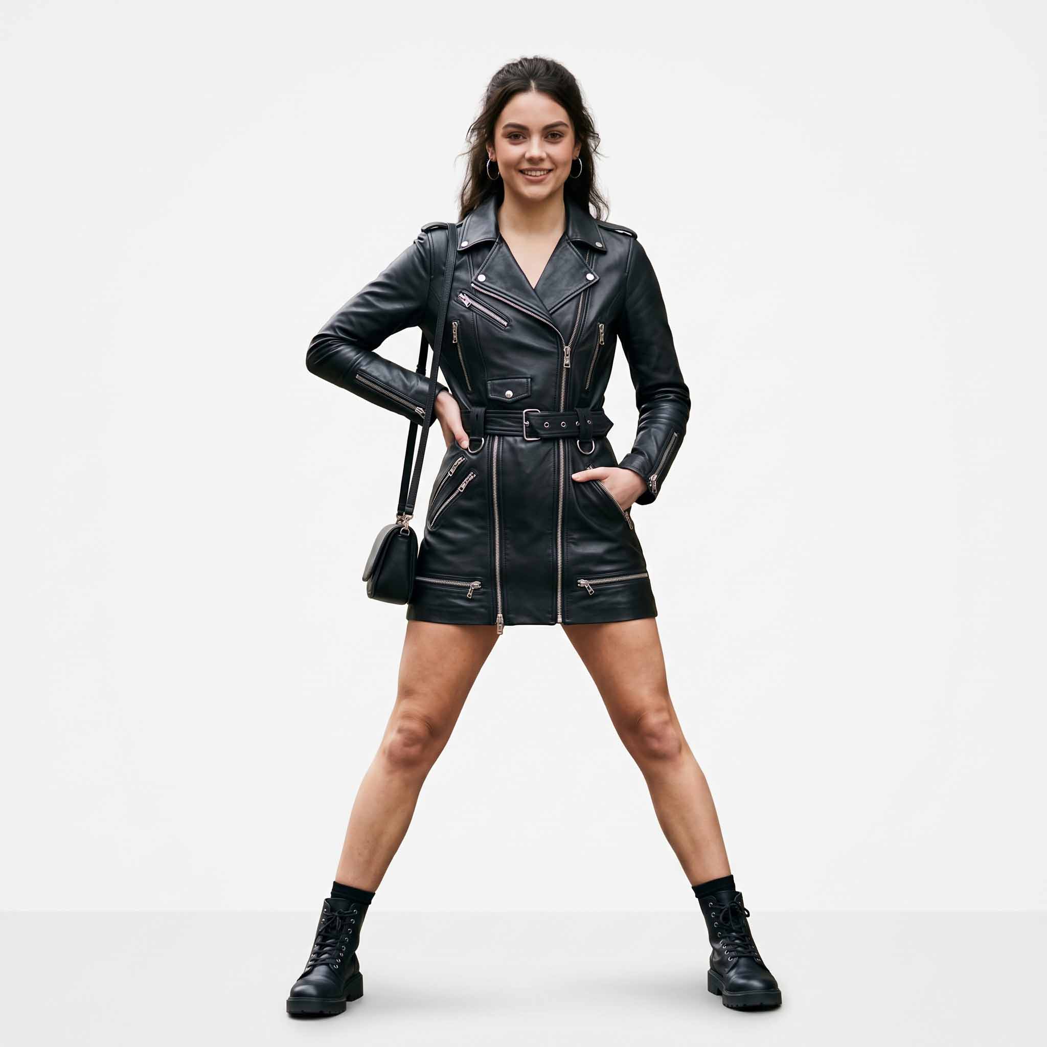 Smiling woman posing in black cowhide leather biker trench dress showing front zip pockets, waist belt, and silver hardware