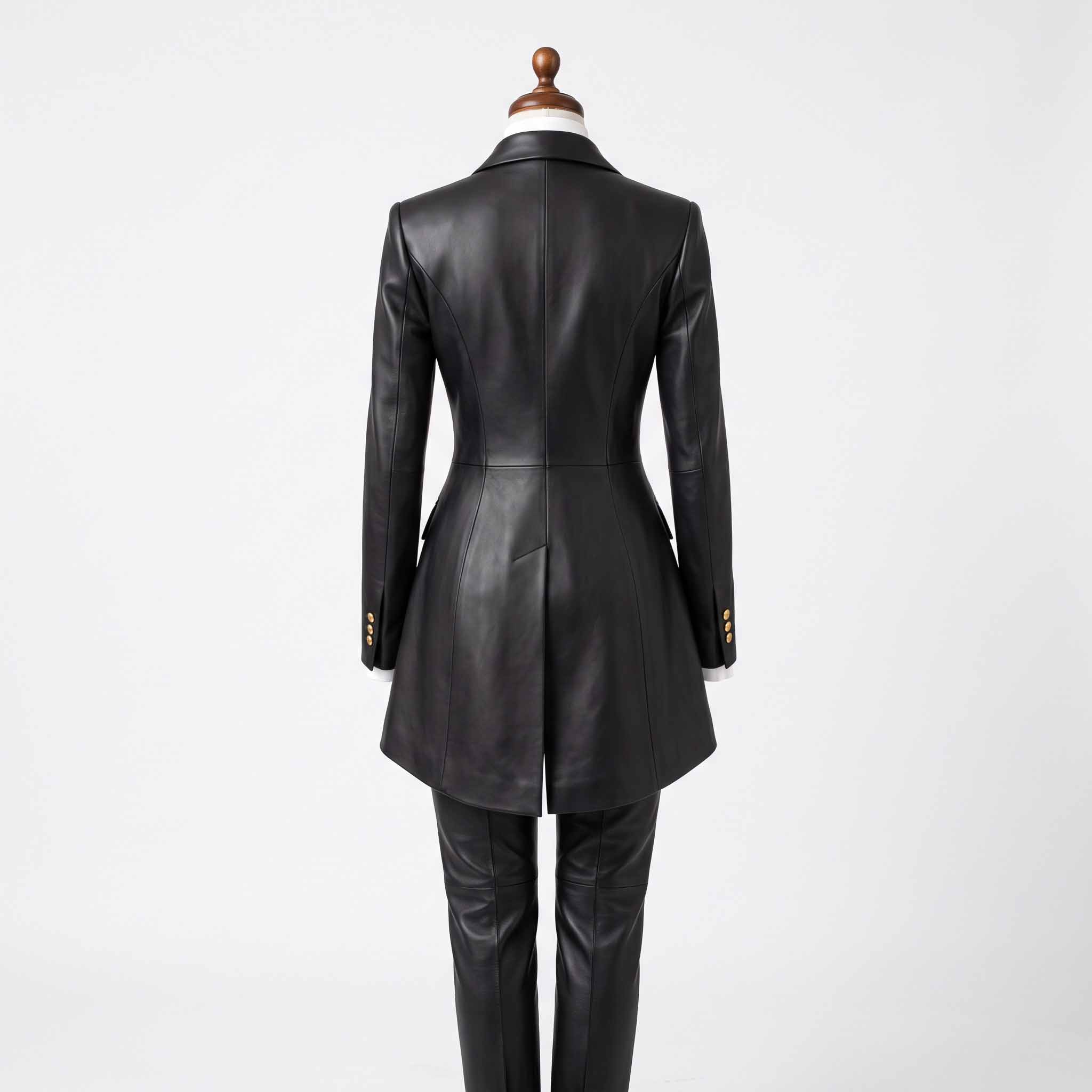 Back view of womens black leather tailcoat showing structured spine seams, long split formal tails, and tapered leather trousers