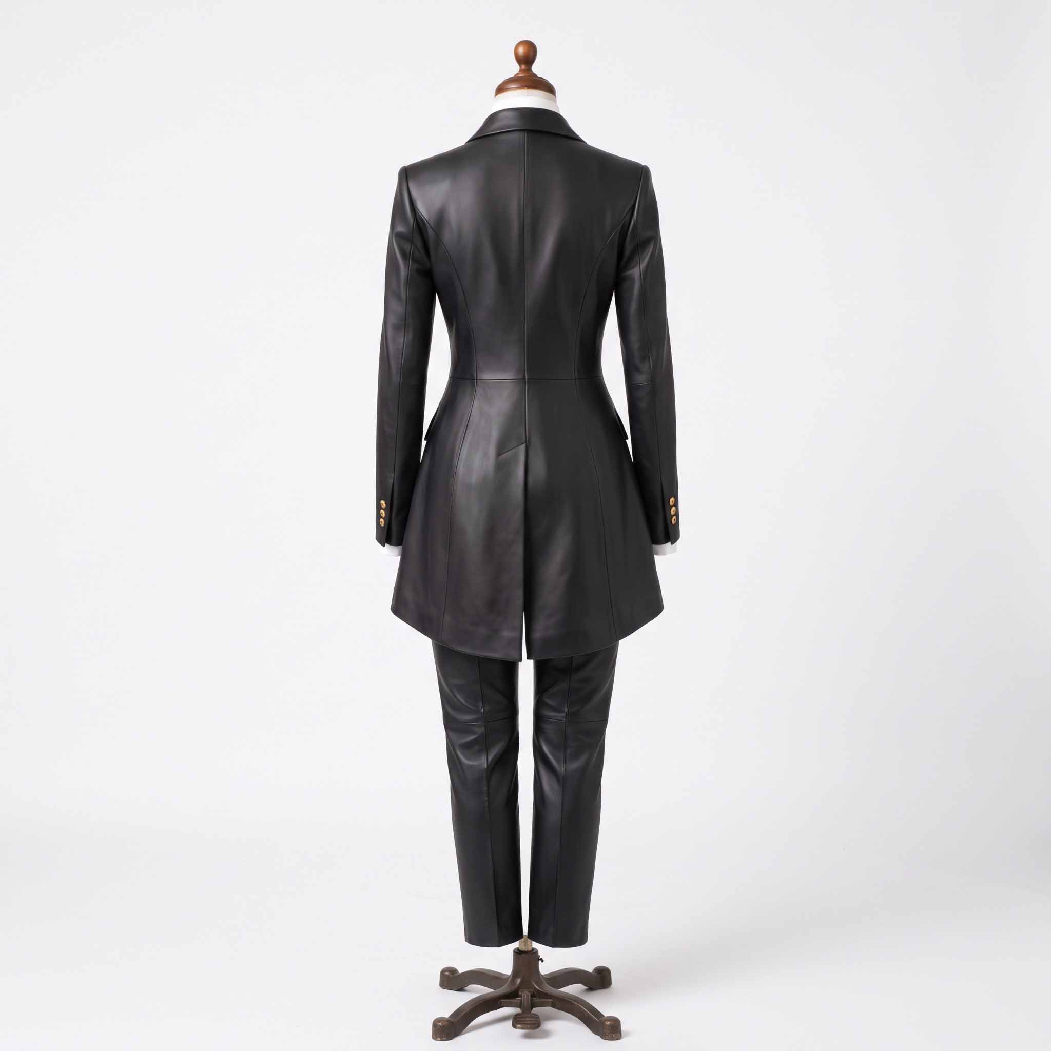 Full length back view of womens handmade black leather swallowtail coat and straight leg trousers on mannequin stand on white background