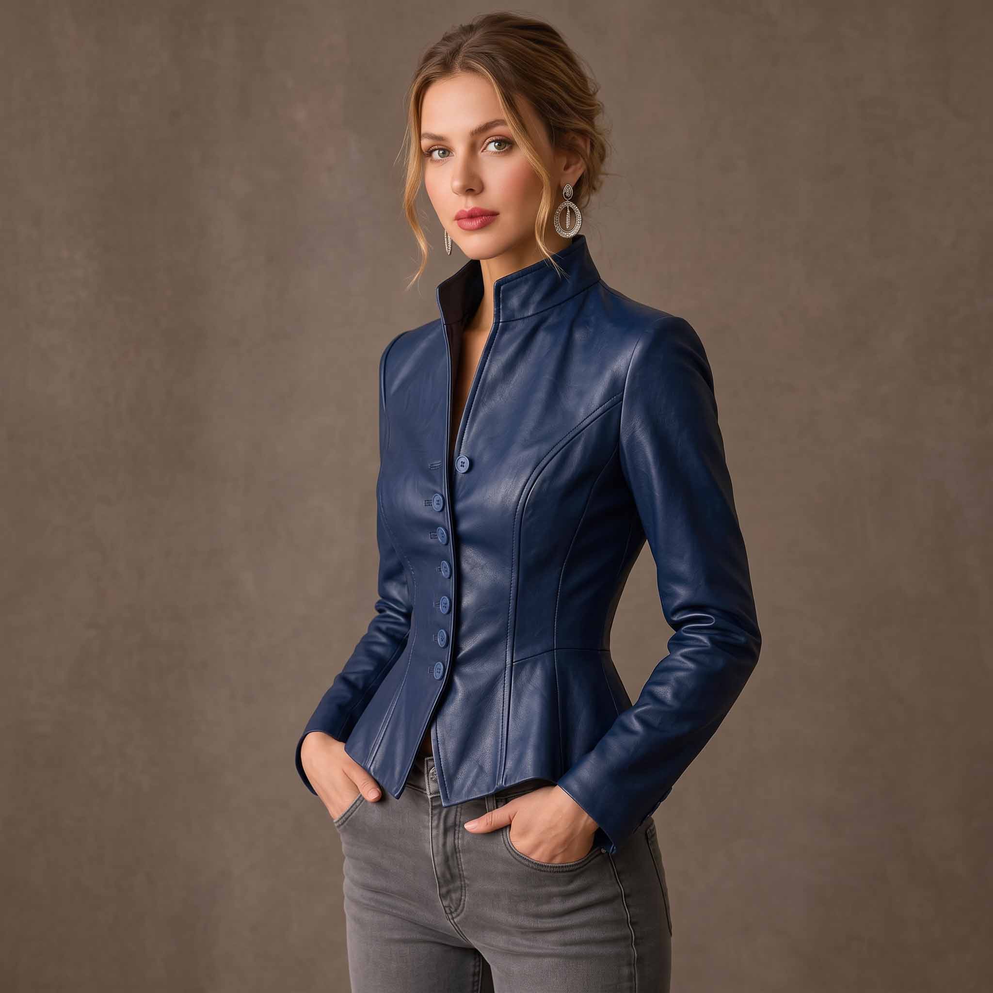 Front three quarter perspective of elegant woman modeling tailored blue leather peplum jacket paired with grey denim jeans