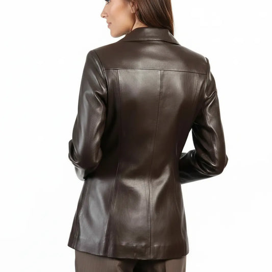 Chaqueta de Piel de Cordero Genuina Marrón para Mujer, Blazer de Piel Auténtica, Abrigo Ajustado