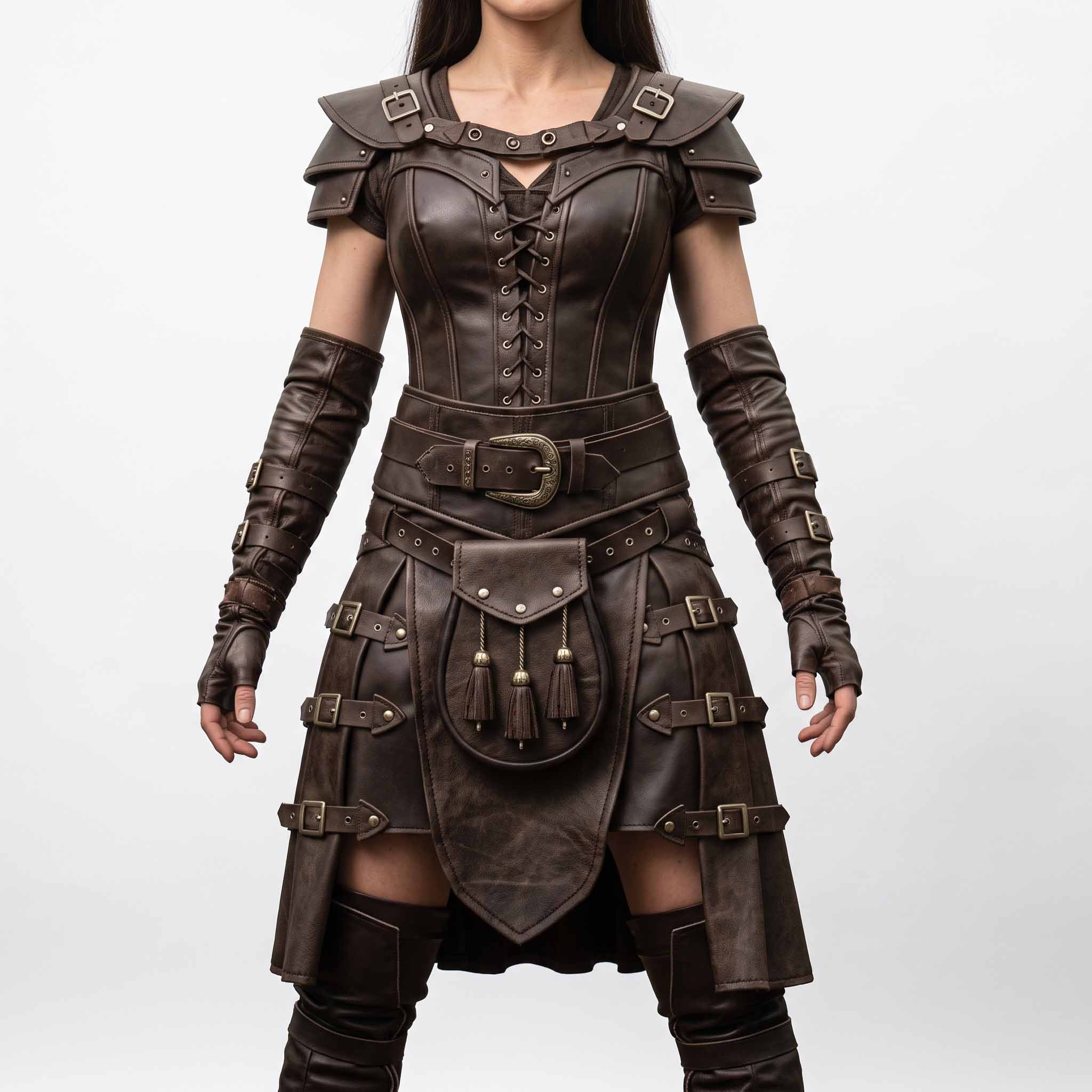Full front view of woman wearing handmade brown cowhide leather fantasy warrior armor costume featuring laced corset bodice, shoulder pauldrons, bracers, and pleated kilt skirt