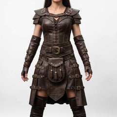 Full front view of woman wearing handmade brown cowhide leather fantasy warrior armor costume featuring laced corset bodice, shoulder pauldrons, bracers, and pleated kilt skirt