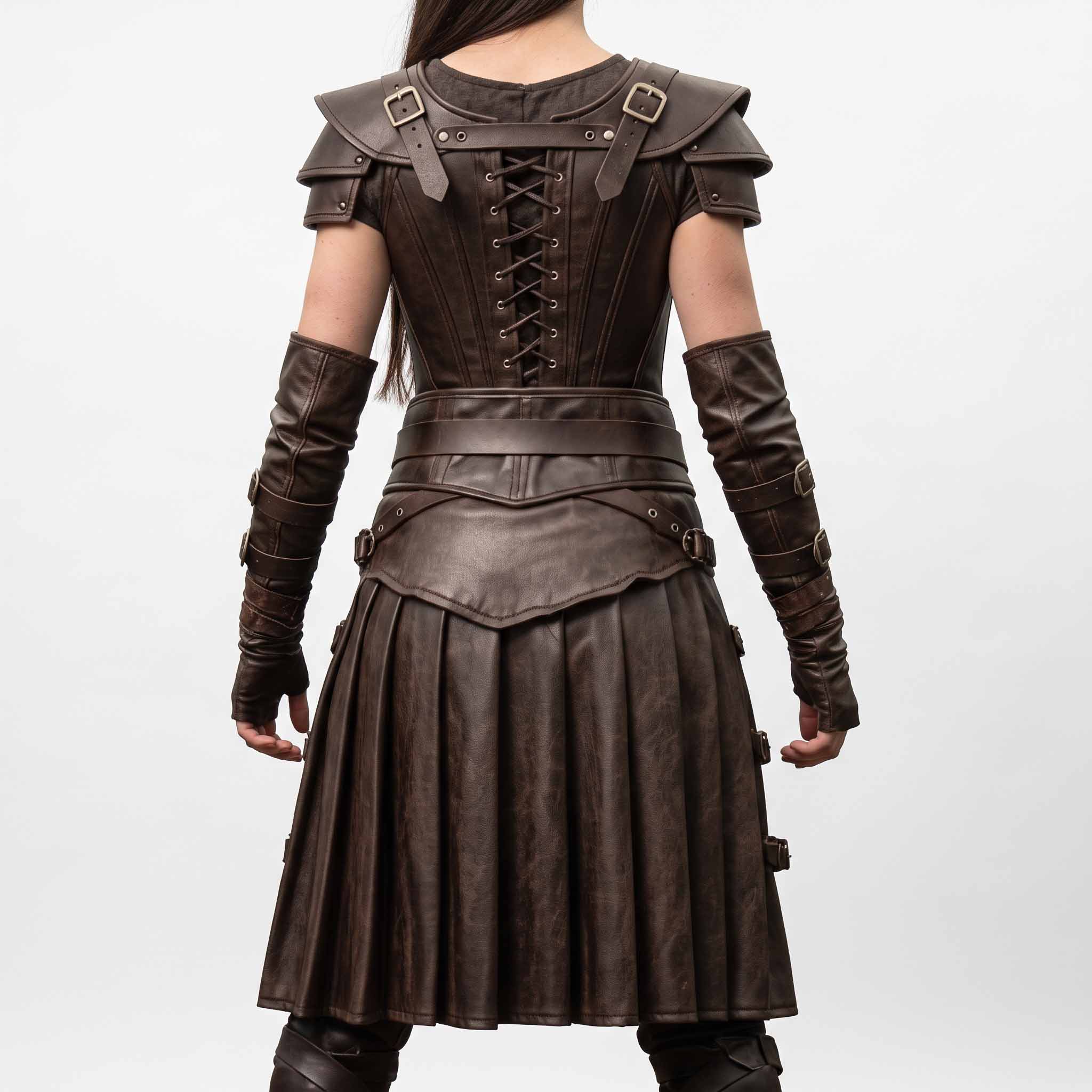 Back view of woman wearing brown leather medieval cosplay dress displaying rear corset cord lacing, shoulder armor straps, and deep rear skirt knife pleats