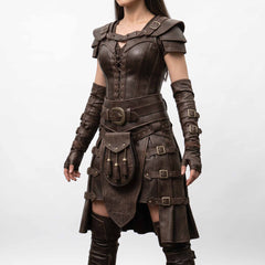 Front three-quarter perspective of woman modeling brown leather fantasy ranger armor set highlighting side-buckled tassets and hanging sporran pouch