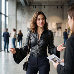 Fashionable woman gesturing with hands wearing black leather blouse highlighting dramatic gathered bell sleeve volume and front buckles
