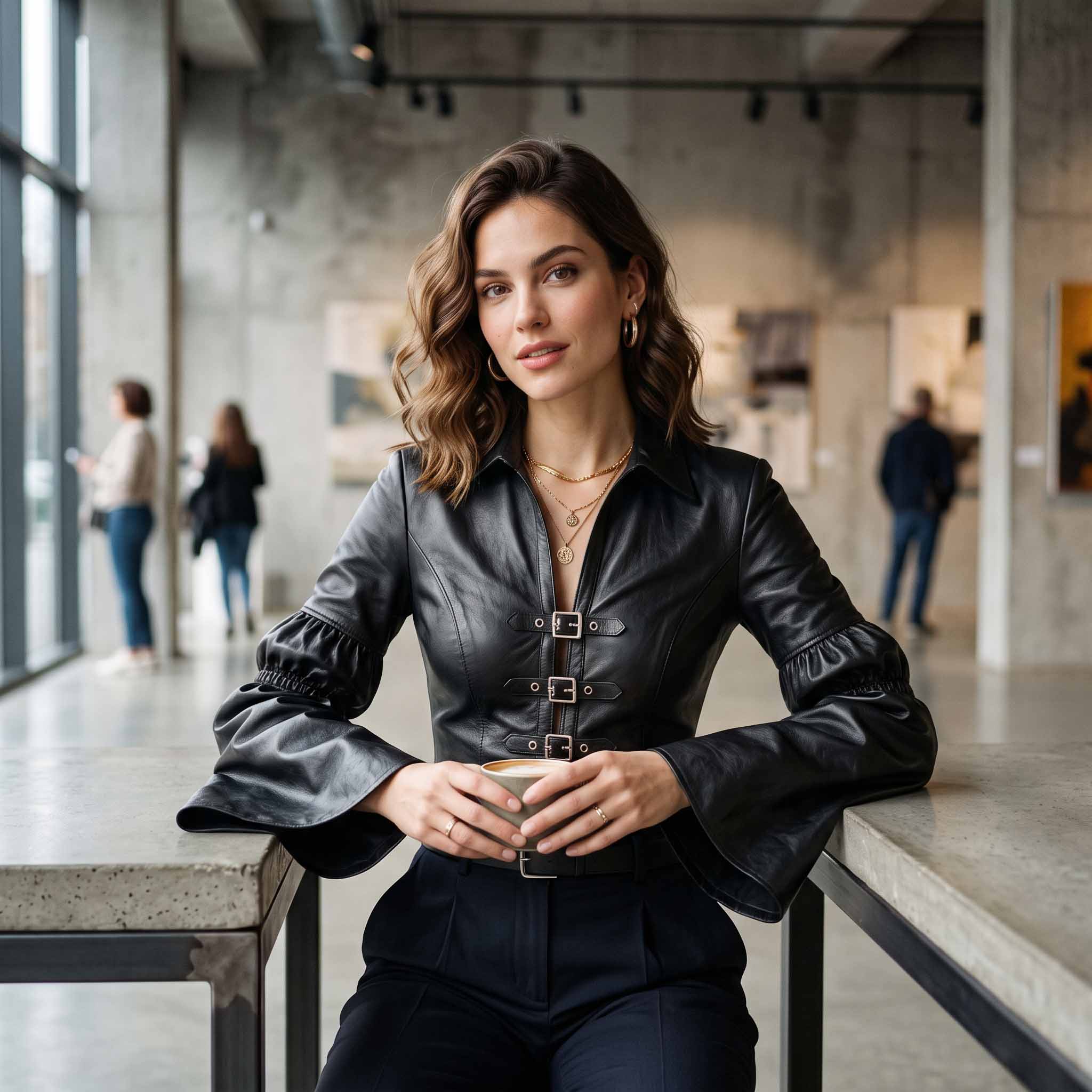 Close up seated portrait of woman wearing fitted black leather top with silver buckle accents holding a coffee cup at cafe table
