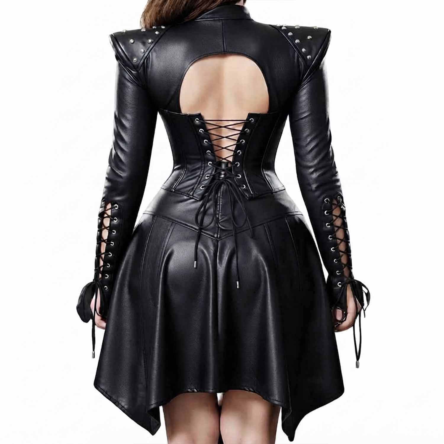 Rear view of the gothic leather corset dress highlighting the lace up back corset detailing, cutout back design, and flared skirt.