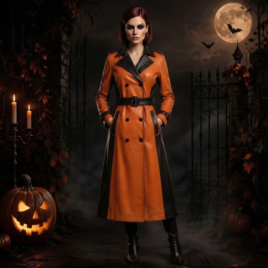 Female model wearing a full-length orange and black gothic leather trench coat with black boots in a night setting.