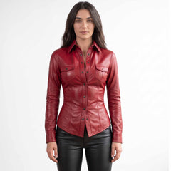 Full front view of a brunette model posing in a fitted red genuine leather button down shirt paired with black leather pants.