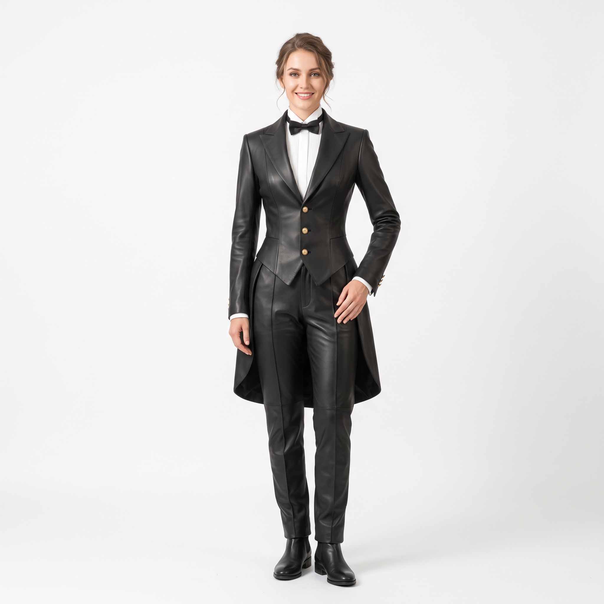 Full length front studio view of smiling woman wearing handmade black sheepskin leather tailcoat suit with gold buttons, bow tie, and tailored trousers