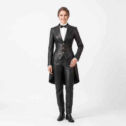 Full length front studio view of smiling woman wearing handmade black sheepskin leather tailcoat suit with gold buttons, bow tie, and tailored trousers