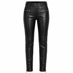 Front view of high waist slim fit black leather moto trousers featuring dual zip pockets and ankle zippers