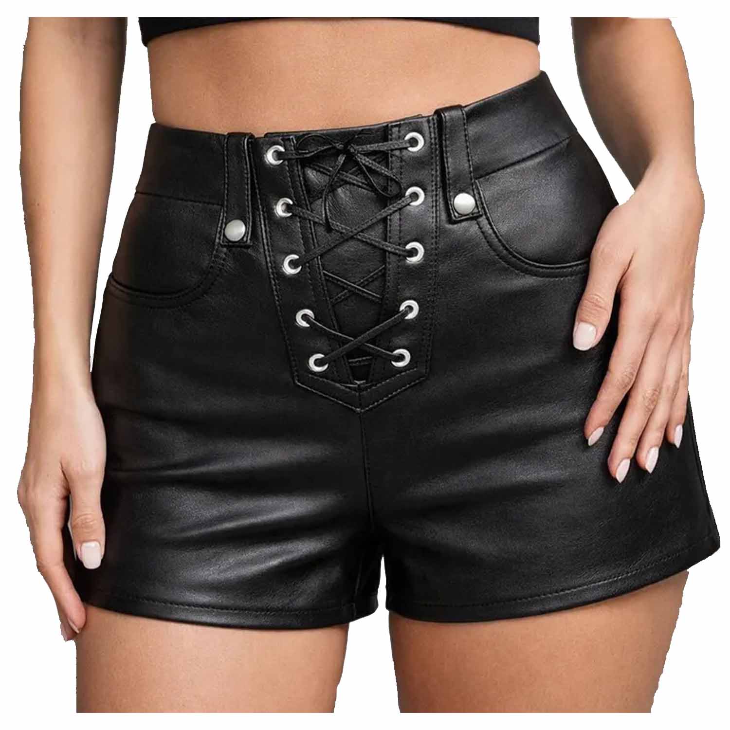 Front view of a woman wearing black lambs leather high waisted gothic shorts featuring a lace up closure and metal eyelets