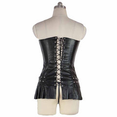 Vestido de fiesta sexy negro sin tirantes de cuero genuino para mujer con cordones en la espalda