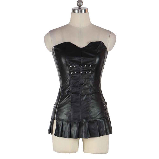 Vestido de fiesta sexy negro sin tirantes de cuero genuino para mujer con cordones en la espalda