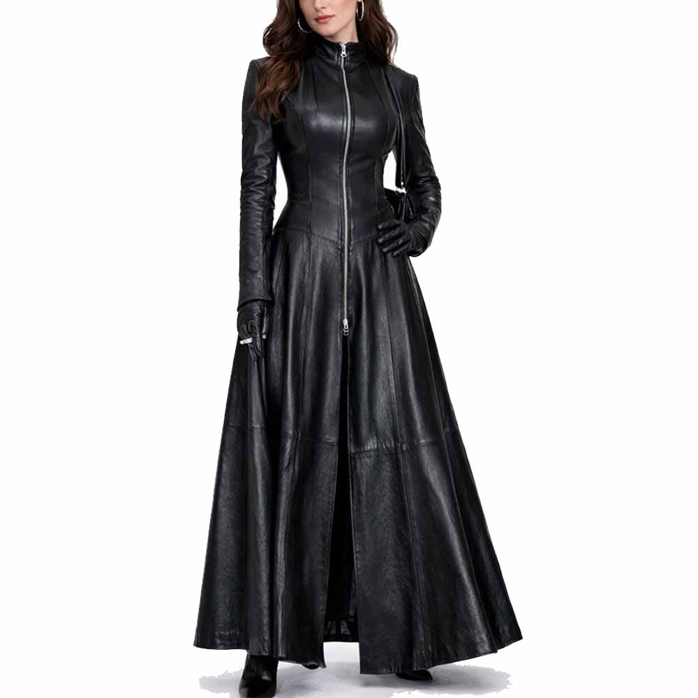 Gabardina gótica de cuero largo de napa de piel de cordero pura negra para mujer