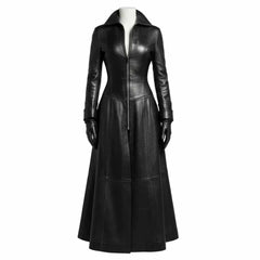 A black leather midi coat with a structured collar, front zipper, and long sleeves, displayed on a white mannequin against a plain white background.