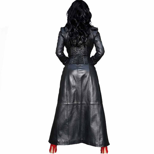 Traje de gala de cuero negro largo de cuero Nappa auténtico para mujer con gabardina gótica