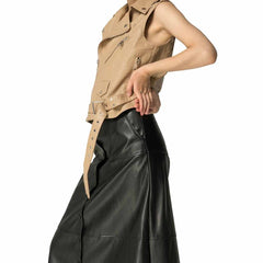 Falda maxi larga de cuero de cordero auténtico negro para mujer, estilo vintage, con botones y bolsillos