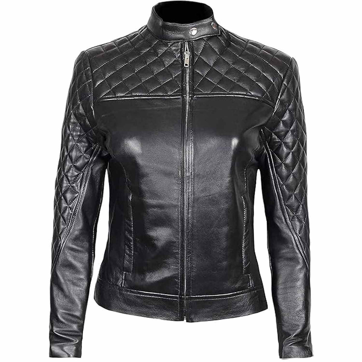 Chaqueta de motociclista acolchada negra de piel de cordero auténtica para mujer de corte ajustado