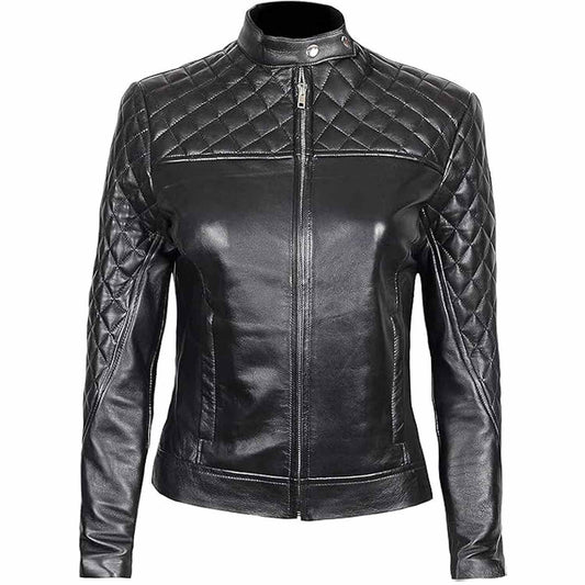 Chaqueta de motociclista acolchada negra de piel de cordero auténtica para mujer de corte ajustado