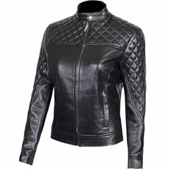 Chaqueta de motociclista acolchada negra de piel de cordero auténtica para mujer de corte ajustado