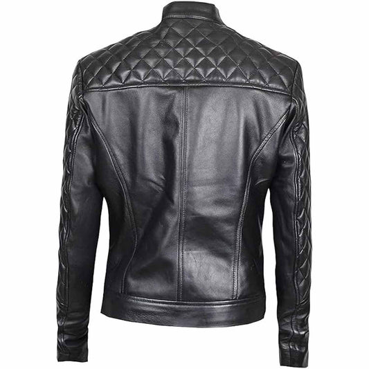 Chaqueta de motociclista acolchada negra de piel de cordero auténtica para mujer de corte ajustado