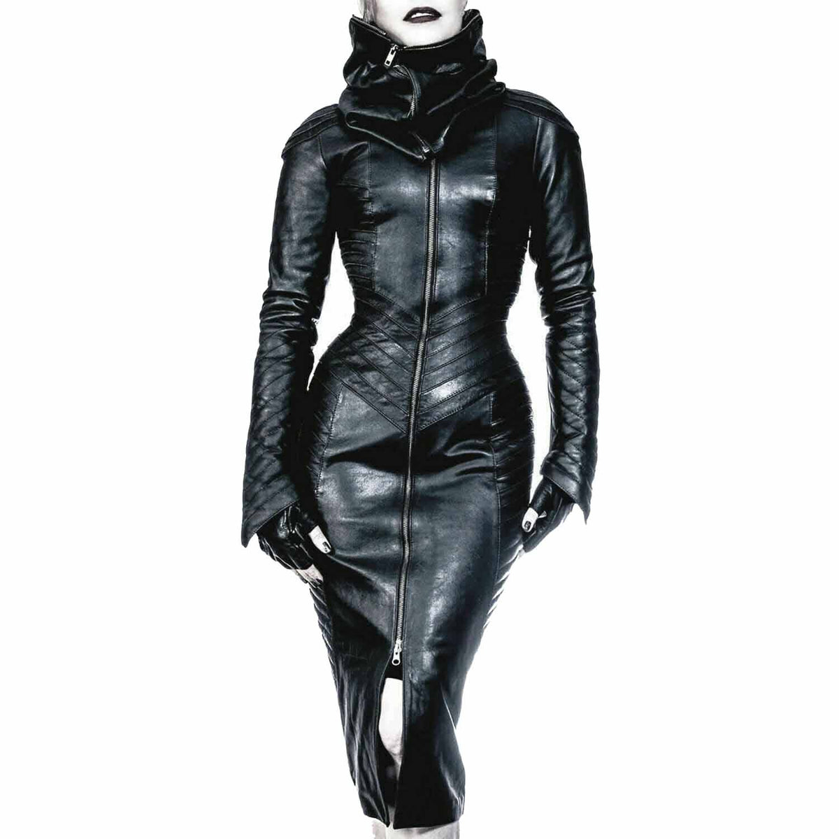 Body gótico de cuero auténtico para mujer, con cremallera separada, capucha, vestido de cuero steampunk
