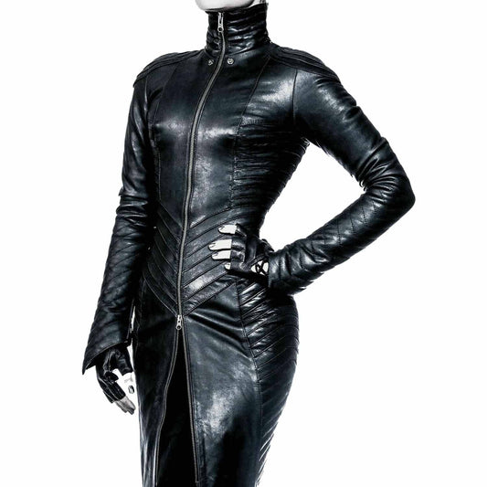 Body gótico de cuero auténtico para mujer, con cremallera separada, capucha, vestido de cuero steampunk