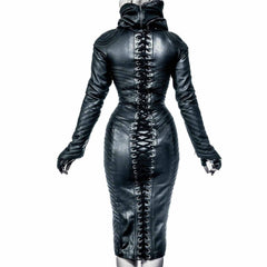 Body gótico de cuero auténtico para mujer, con cremallera separada, capucha, vestido de cuero steampunk