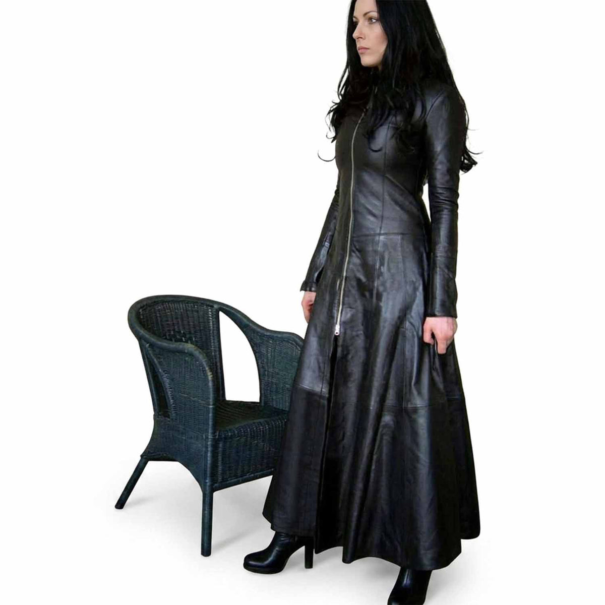 Traje Gabardina Larga Gótica de Vestido de Cuero Negro de Cuero Genuino para Mujer