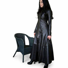 Traje Gabardina Larga Gótica de Vestido de Cuero Negro de Cuero Genuino para Mujer