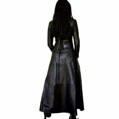 Traje Gabardina Larga Gótica de Vestido de Cuero Negro de Cuero Genuino para Mujer