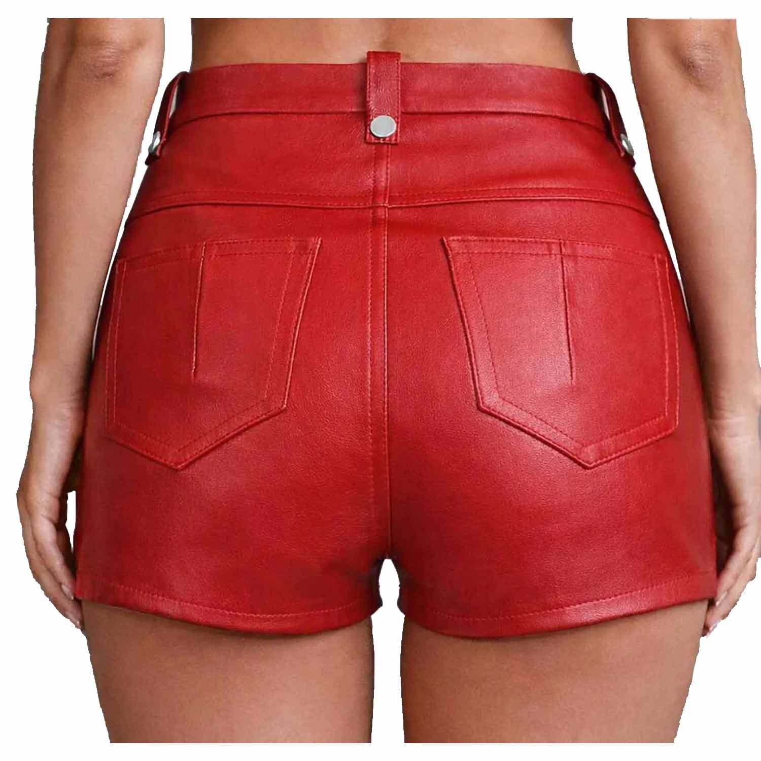 Back view of a woman wearing red leather high waisted shorts showing classic back patch pockets and belt loops.