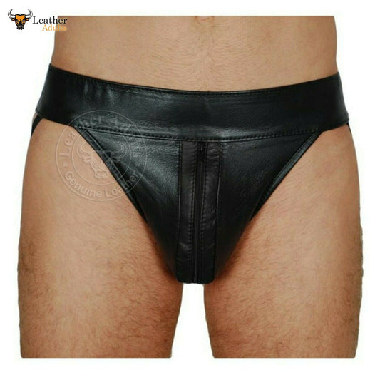 A black leather jockstrap featuring a front pouch and a waistband with a stripe detail. The product is modeled by a person, showcasing the fit and design.