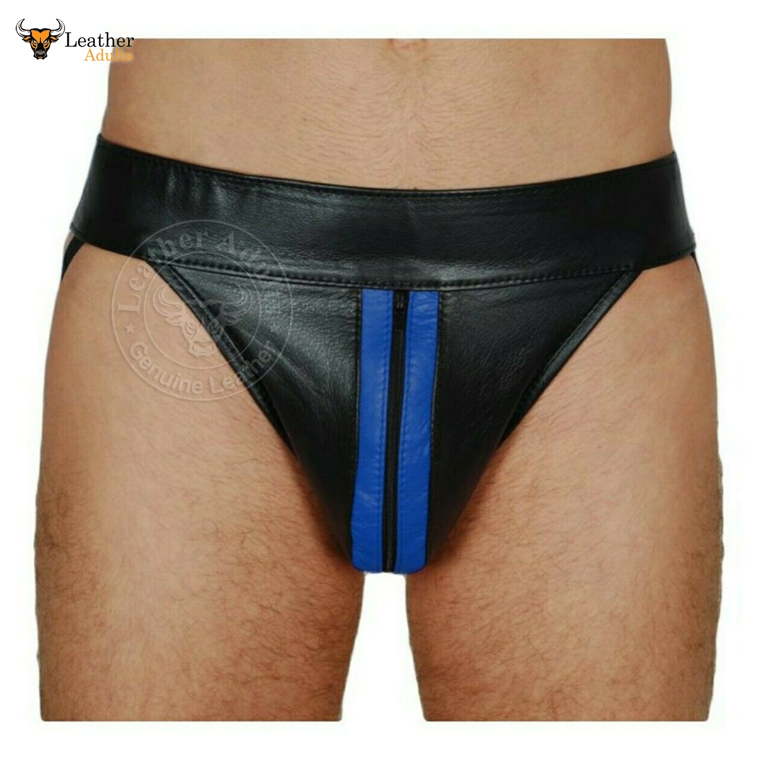 A black leather jockstrap with blue stripes on the front, worn by a model.